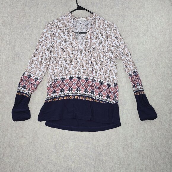 Entro Womens Small Boho Floral & Geometric Print Top With Button Cuffs - Picture 1 of 6